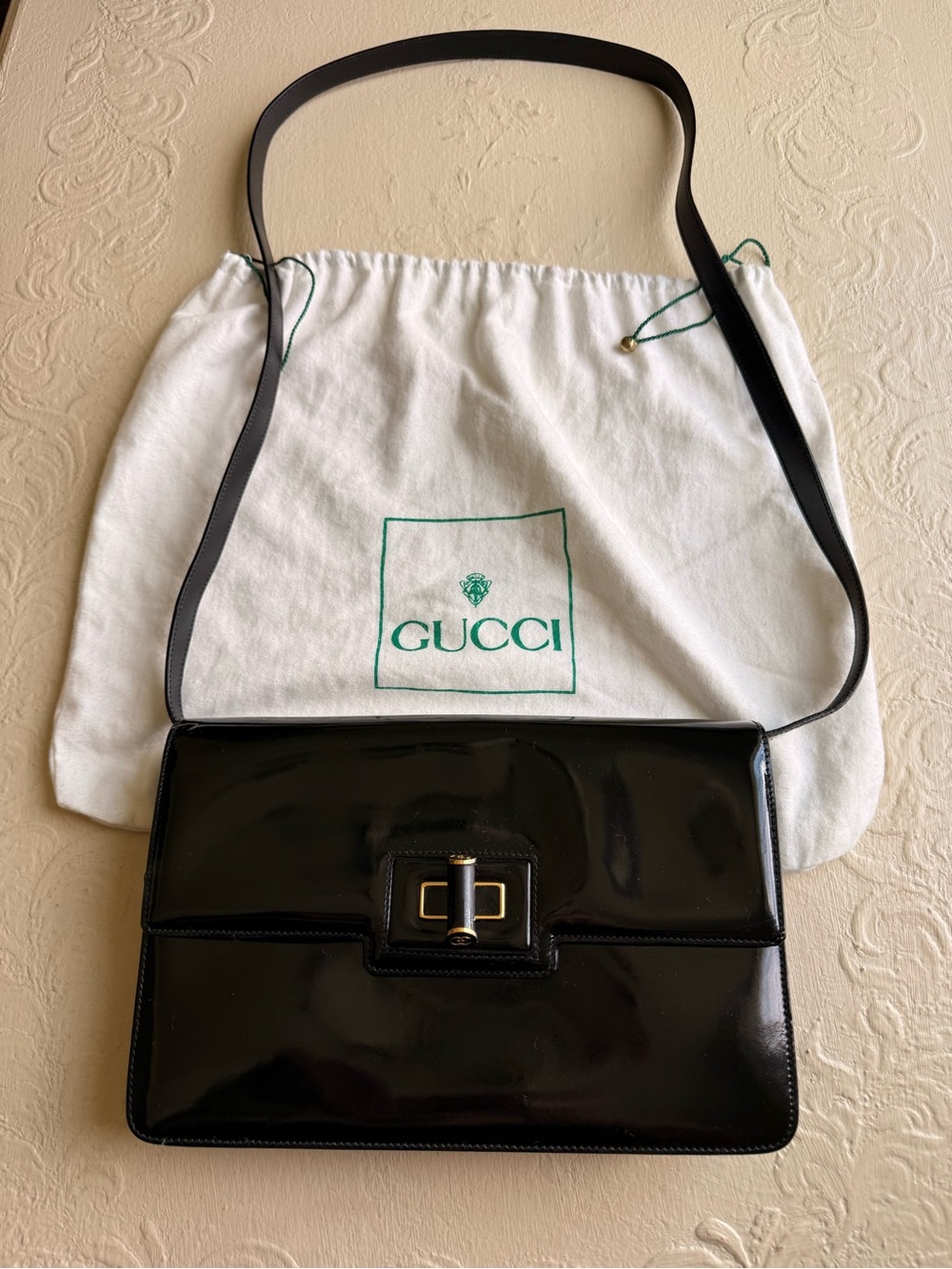 Gucci Black Patent Leather Velvet Interior with Gold Logo Plaque